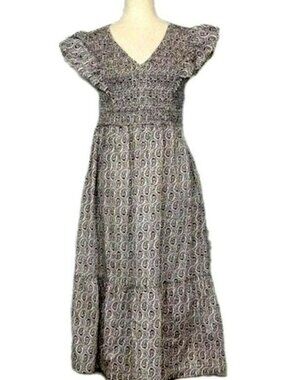 Gap Womens Paisley Print Smocked Bodice Tiered Ruffled Cap Sleeves Midi Dress XL